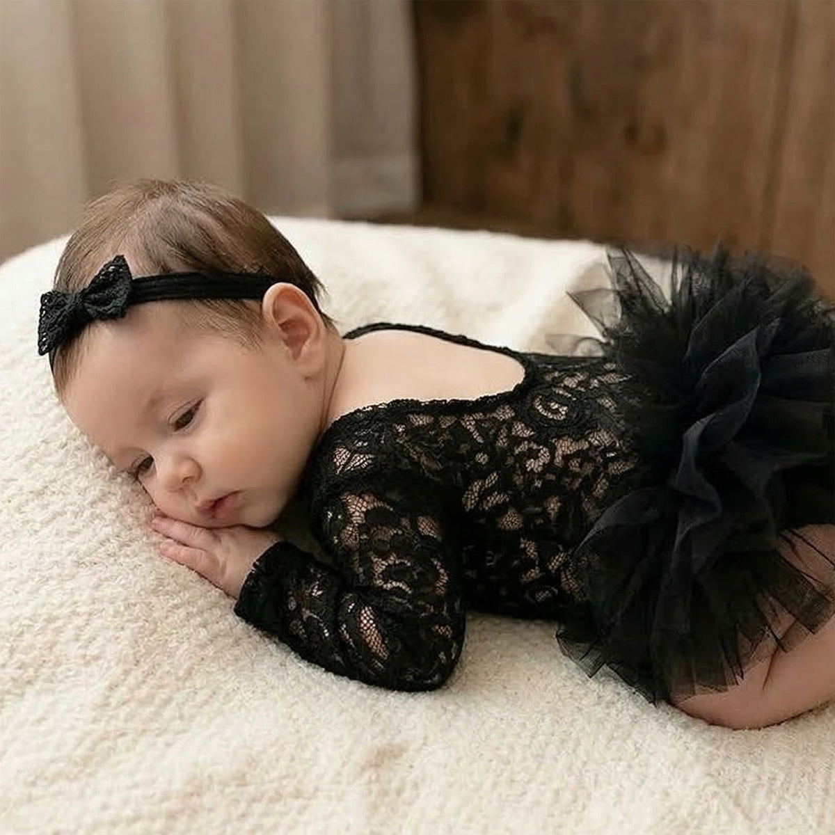 Newborn Photography Lace Romper Tutu Dress Bow Headband Set - ForBaysyAngel