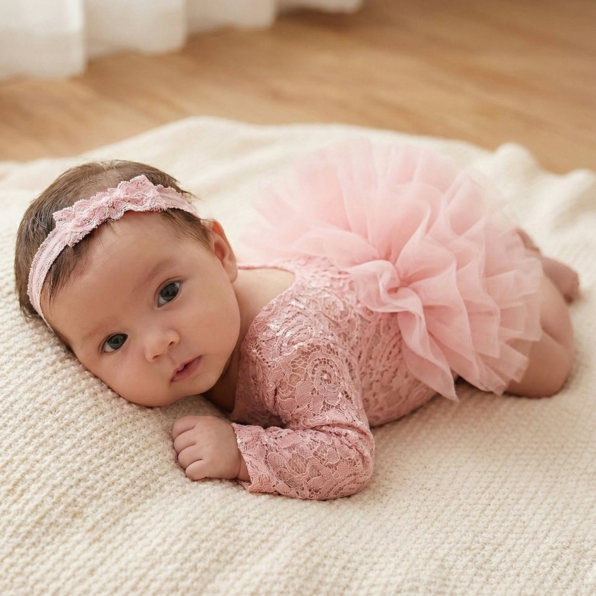 Newborn Photography Lace Romper Tutu Dress Bow Headband Set - ForBaysyAngel