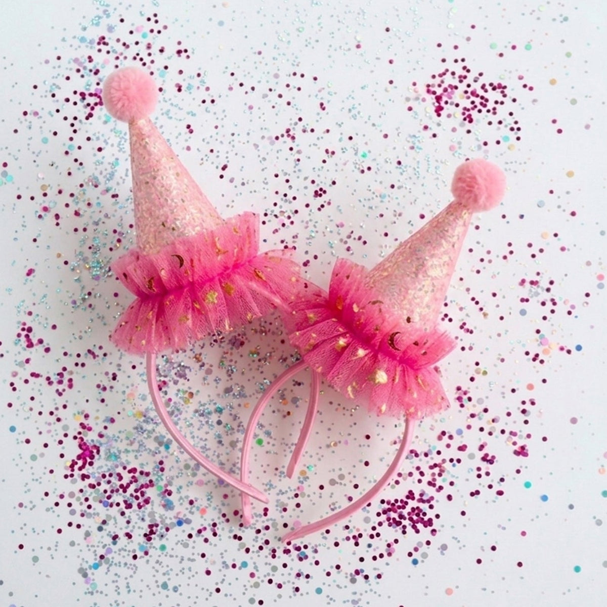 Pom Pom Princess Sparkly Pink Ruffle Glitter Party Hat Headband - ForBaysyAngel