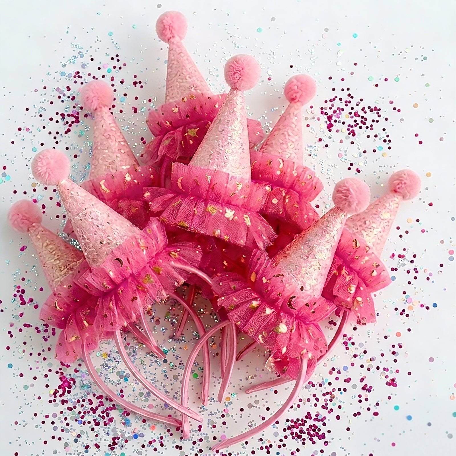 Pom Pom Princess Sparkly Pink Ruffle Glitter Party Hat Headband - ForBaysyAngel