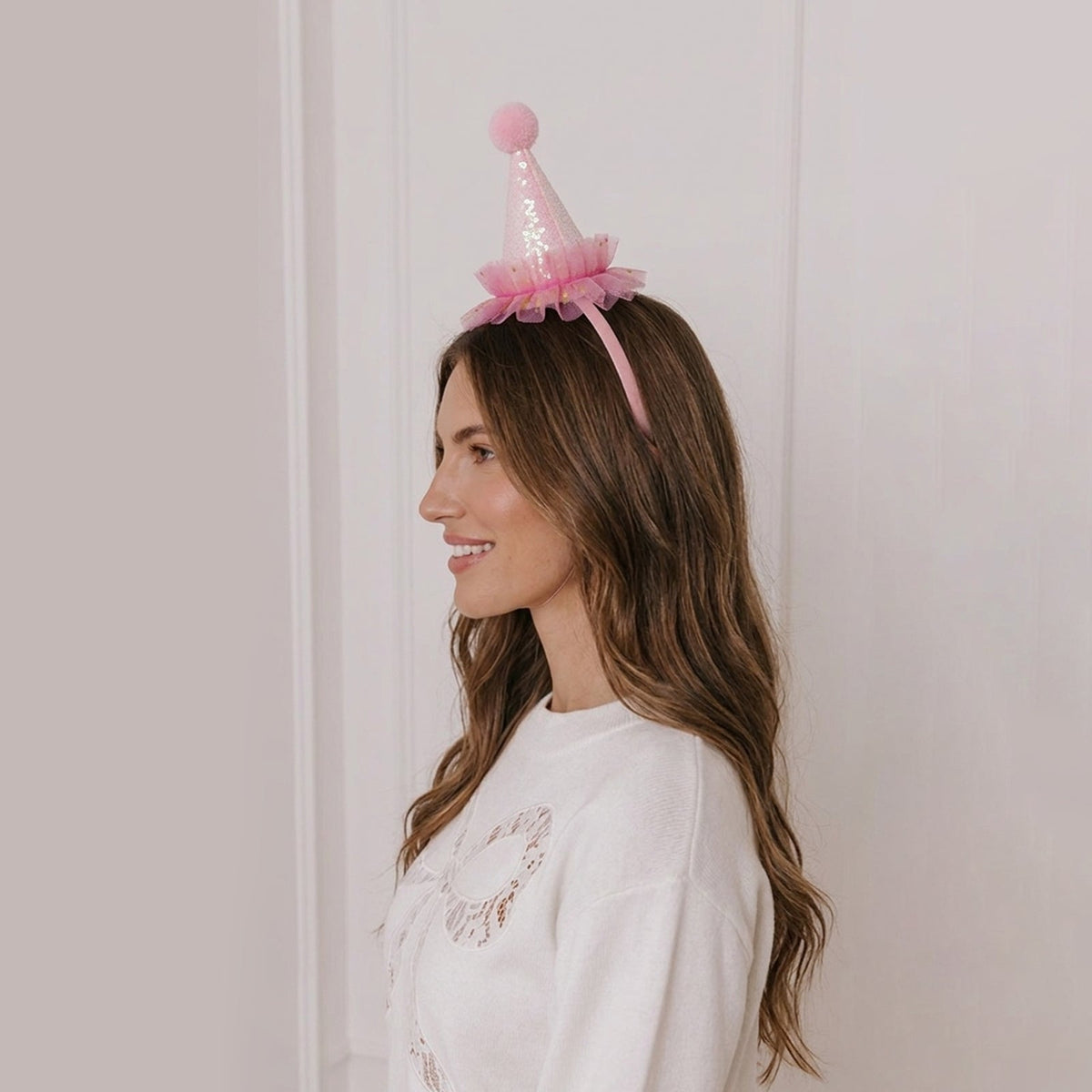 Pom Pom Princess Sparkly Pink Ruffle Glitter Party Hat Headband - ForBaysyAngel