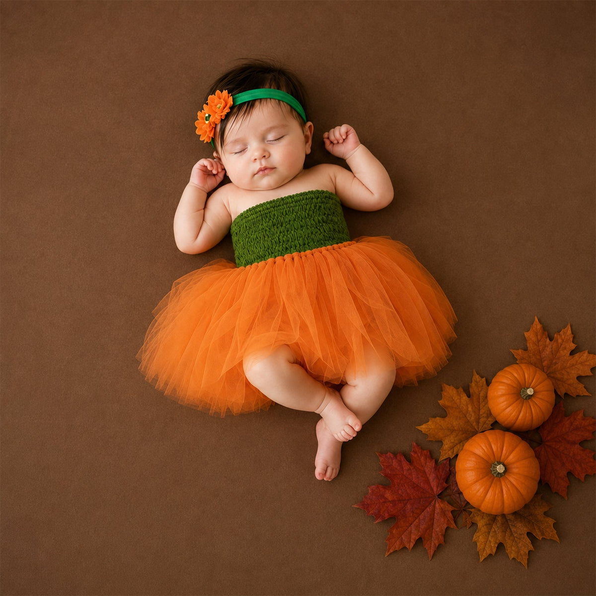 Pumpkin Halloween Newborn Tutu Dress Set – Orange Newborn Photography Outfit for Girls with Flower Headband - ForBaysyAngel