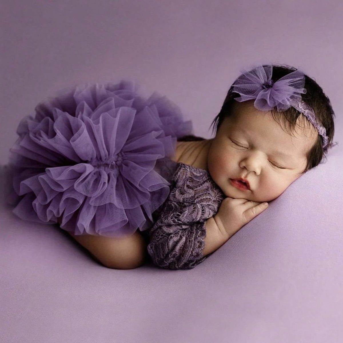 White Newborn Photography Lace Romper Tutu Dress Bow Headband Set - ForBaysyAngel